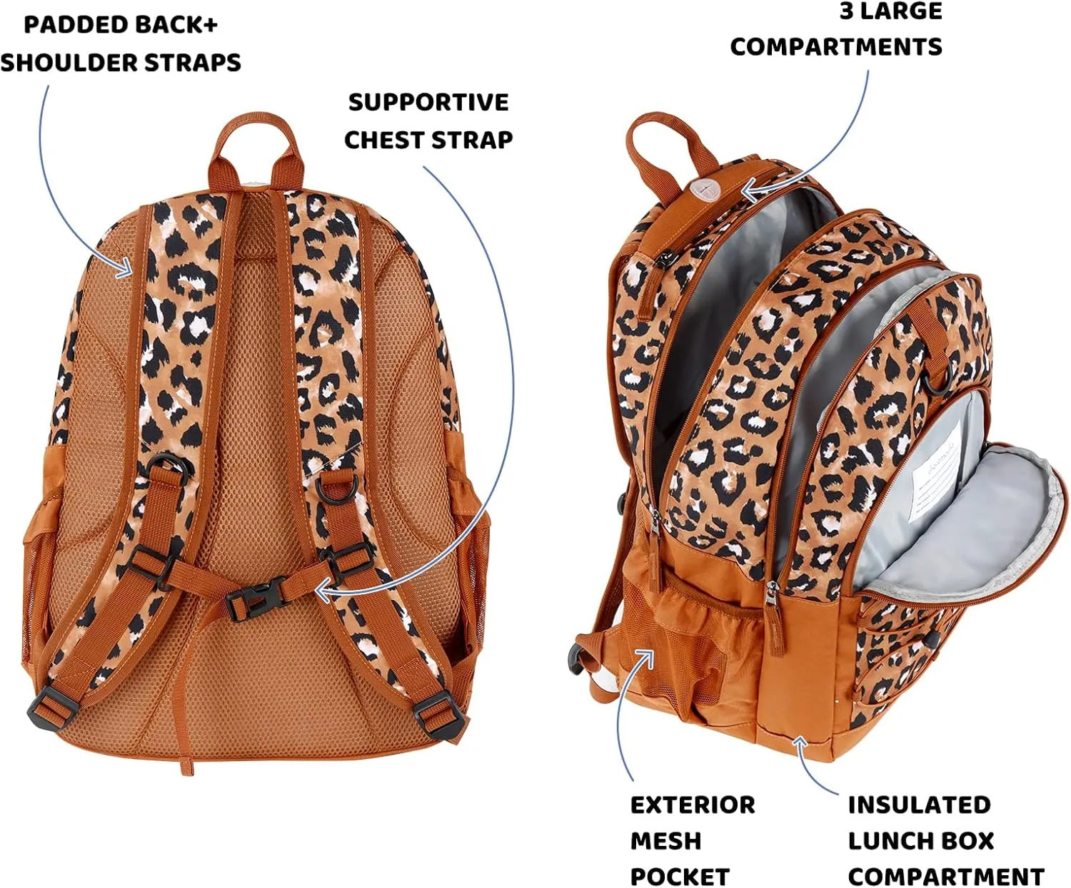 Choco Mocha Leopard Backpack for Teen Girls, Travel School Backpack for Girls Middle School Large Bookbag 18 Inch, Cheetah Brown