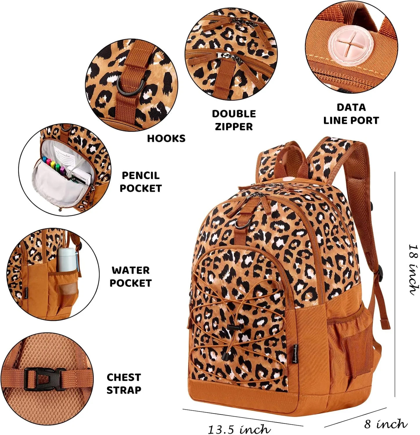 Choco Mocha Leopard Backpack for Teen Girls, Travel School Backpack for Girls Middle School Large Bookbag 18 Inch, Cheetah Brown