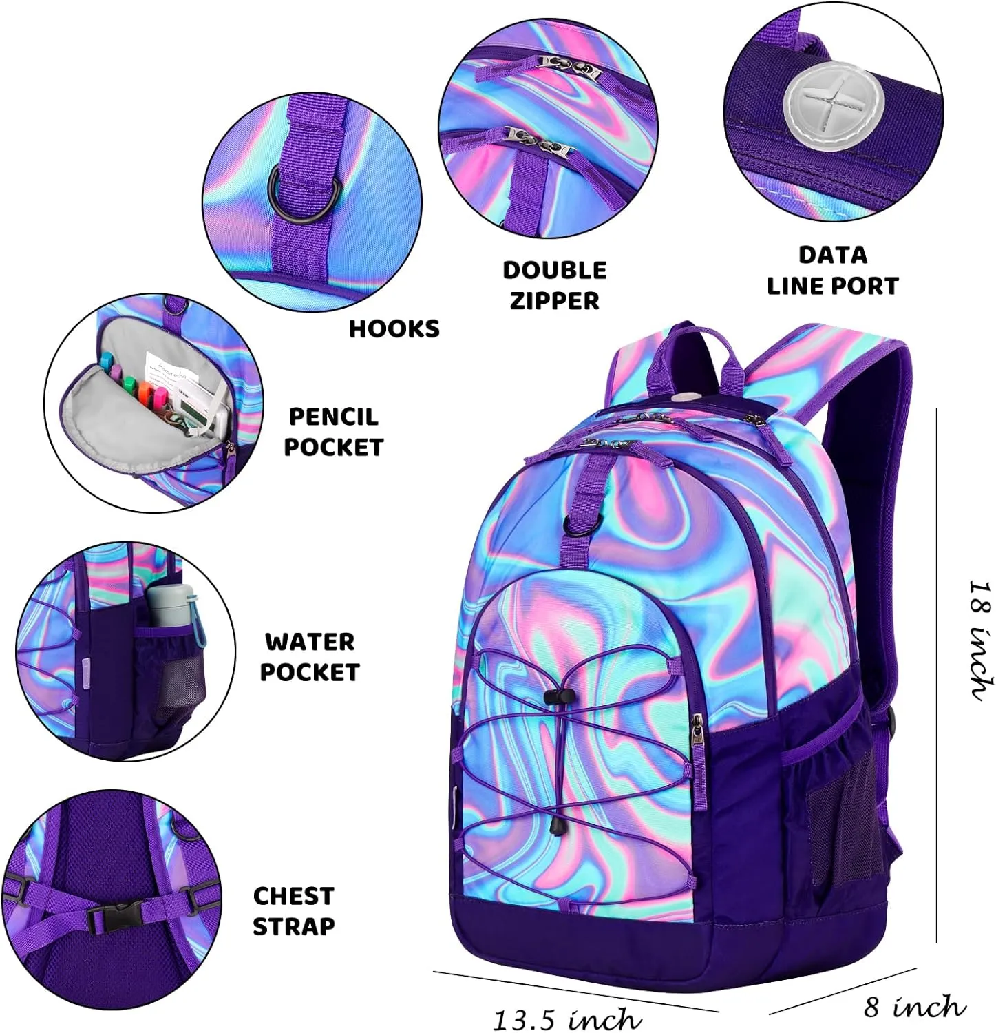 Choco Mocha Purple Backpack for Teen Girls, Travel School Backpack for Girls Middle School Large Bookbag 18 Inch