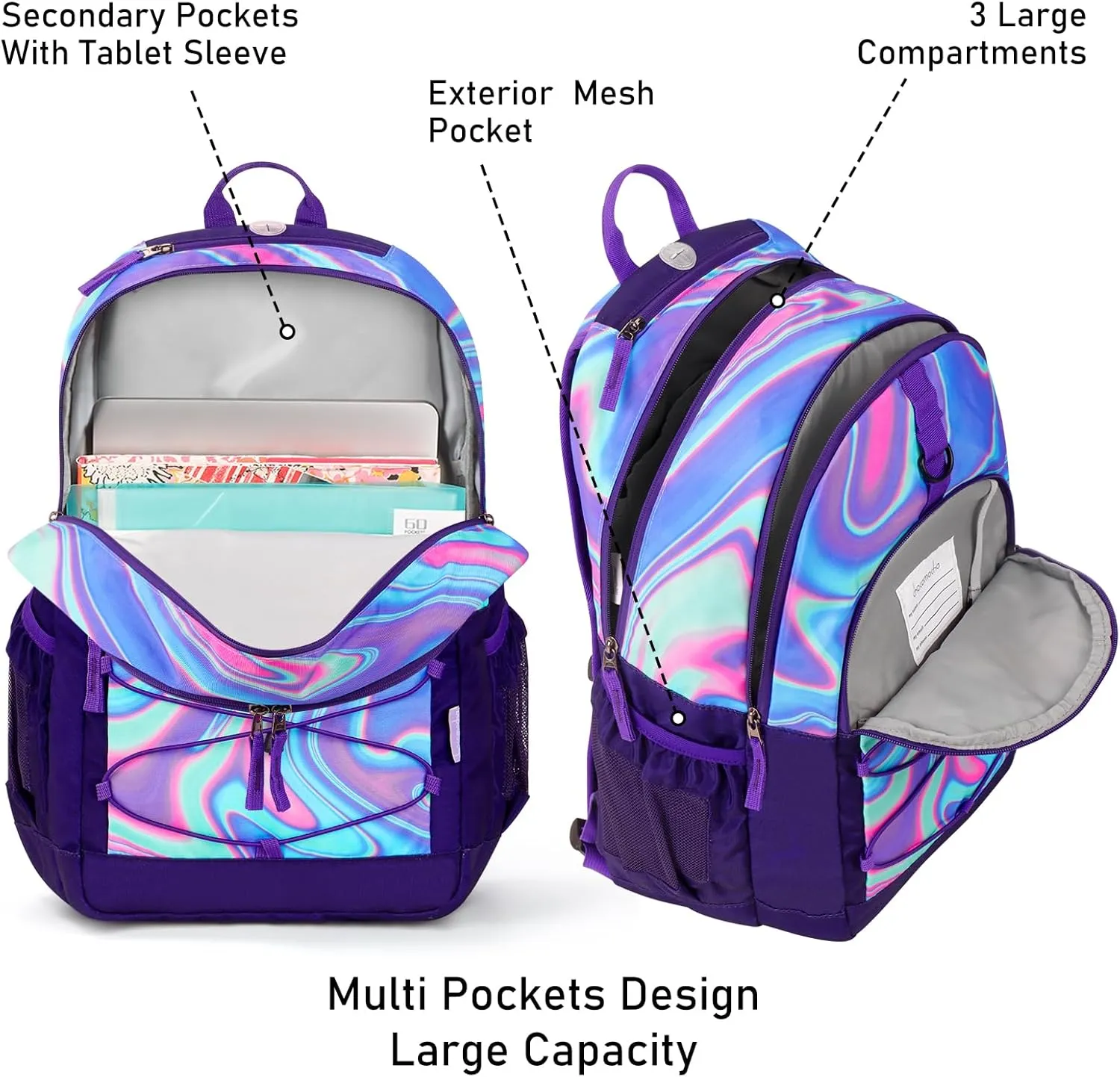 Choco Mocha Purple Backpack for Teen Girls, Travel School Backpack for Girls Middle School Large Bookbag 18 Inch