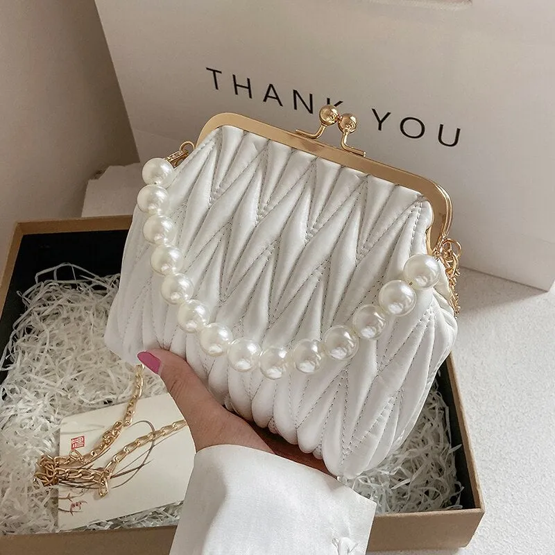 Christmas Gift Pleated Pearl Tote bag Cute Shell bag 2021 Summer New Quality PU Leather Women's Designer Handbag Chain Shoulder Messenger Bag