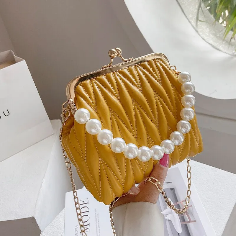 Christmas Gift Pleated Pearl Tote bag Cute Shell bag 2021 Summer New Quality PU Leather Women's Designer Handbag Chain Shoulder Messenger Bag