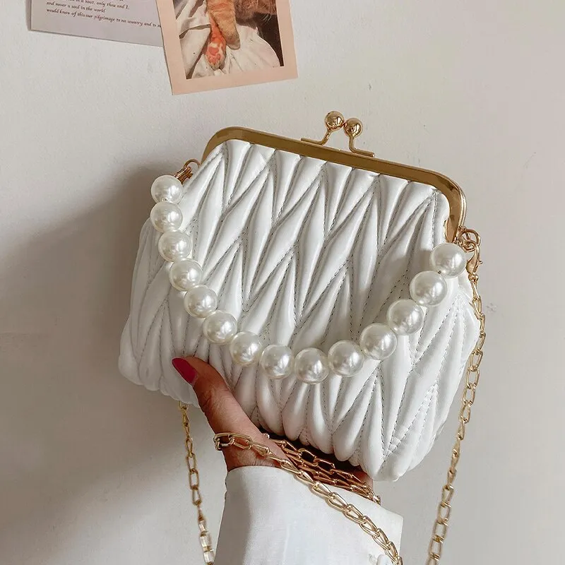 Christmas Gift Pleated Pearl Tote bag Cute Shell bag 2021 Summer New Quality PU Leather Women's Designer Handbag Chain Shoulder Messenger Bag