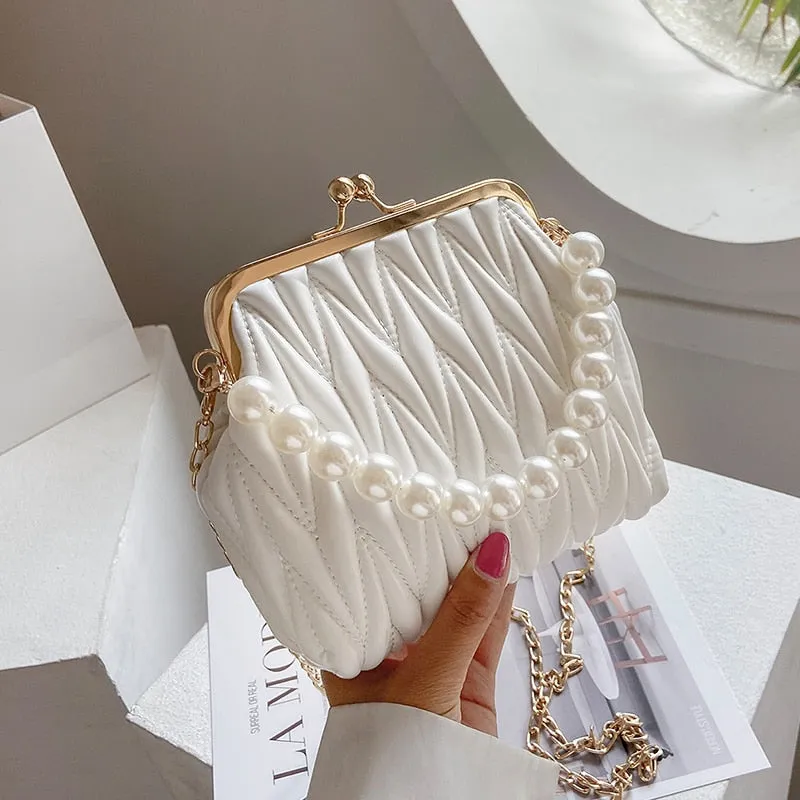 Christmas Gift Pleated Pearl Tote bag Cute Shell bag 2021 Summer New Quality PU Leather Women's Designer Handbag Chain Shoulder Messenger Bag