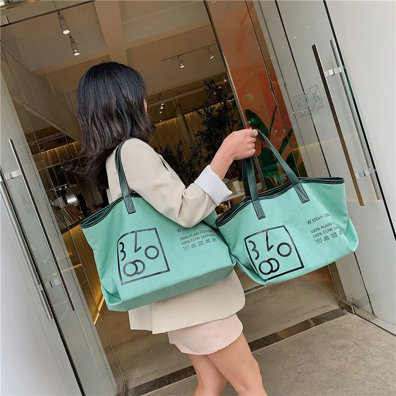 Christmas Gift Simple Zipper Canvas Tote Bag Print Letter Handmade Canvas Shopping Bag School Books Trip Bag Large Capacity Women Shopping Bags