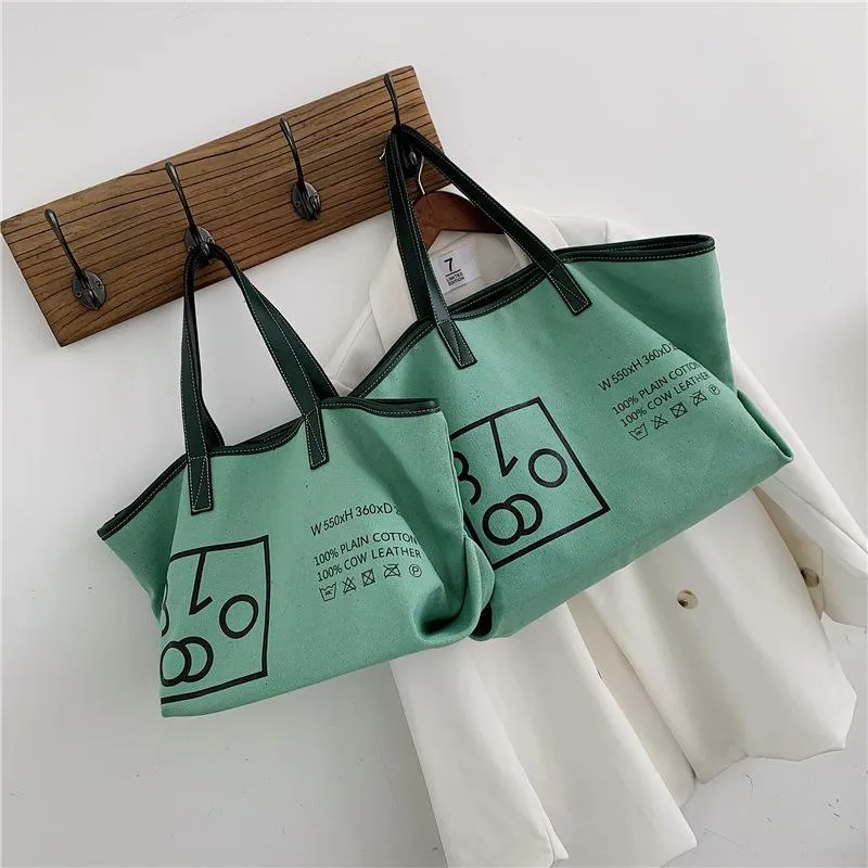 Christmas Gift Simple Zipper Canvas Tote Bag Print Letter Handmade Canvas Shopping Bag School Books Trip Bag Large Capacity Women Shopping Bags