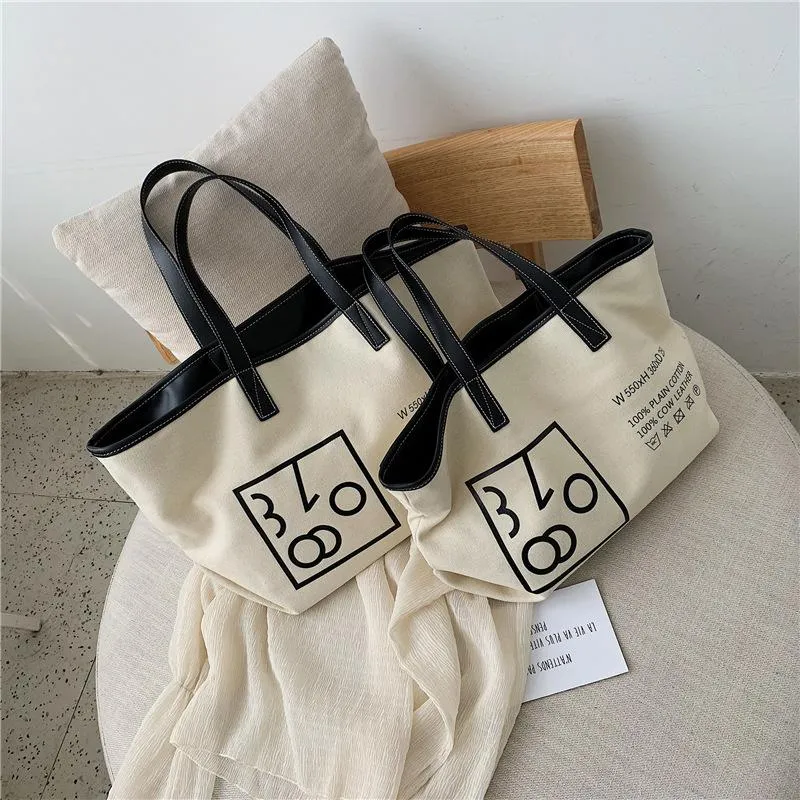 Christmas Gift Simple Zipper Canvas Tote Bag Print Letter Handmade Canvas Shopping Bag School Books Trip Bag Large Capacity Women Shopping Bags