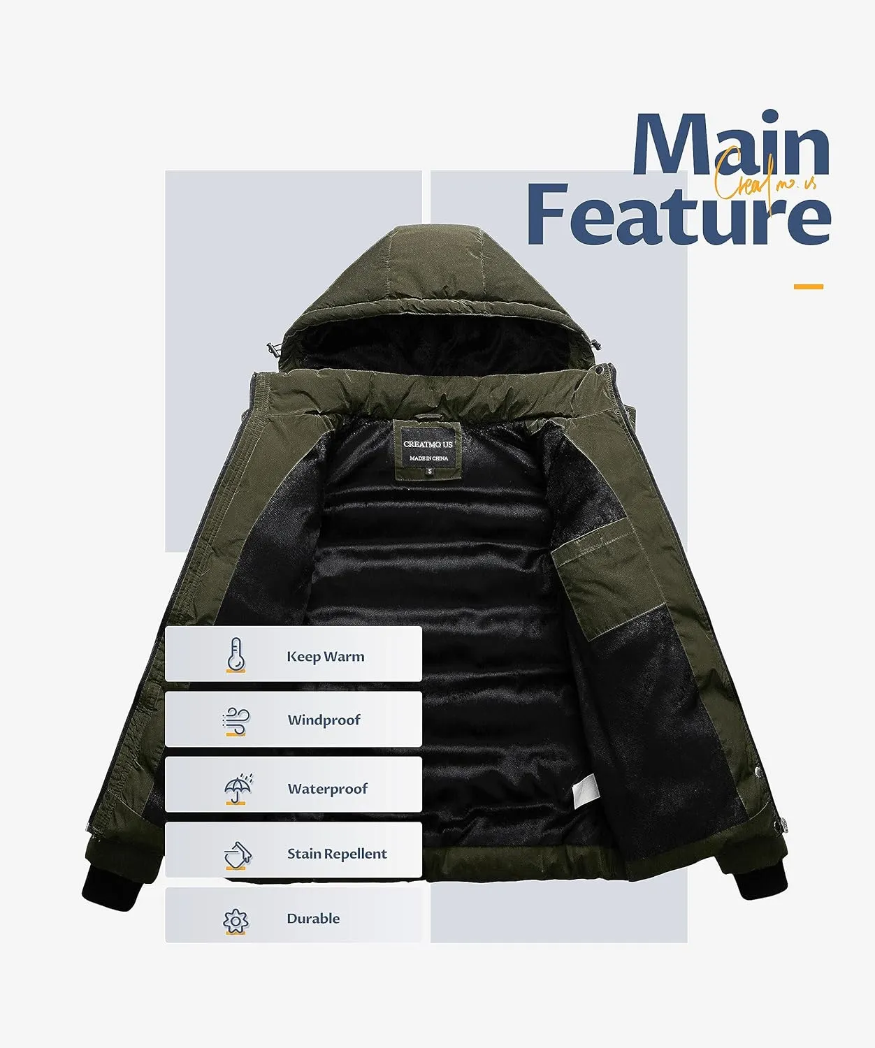 CREATMO US Women's Warm Winter Coat Waterproof Ski Jacket Padded Puffy Overcoat With Detachable Hood