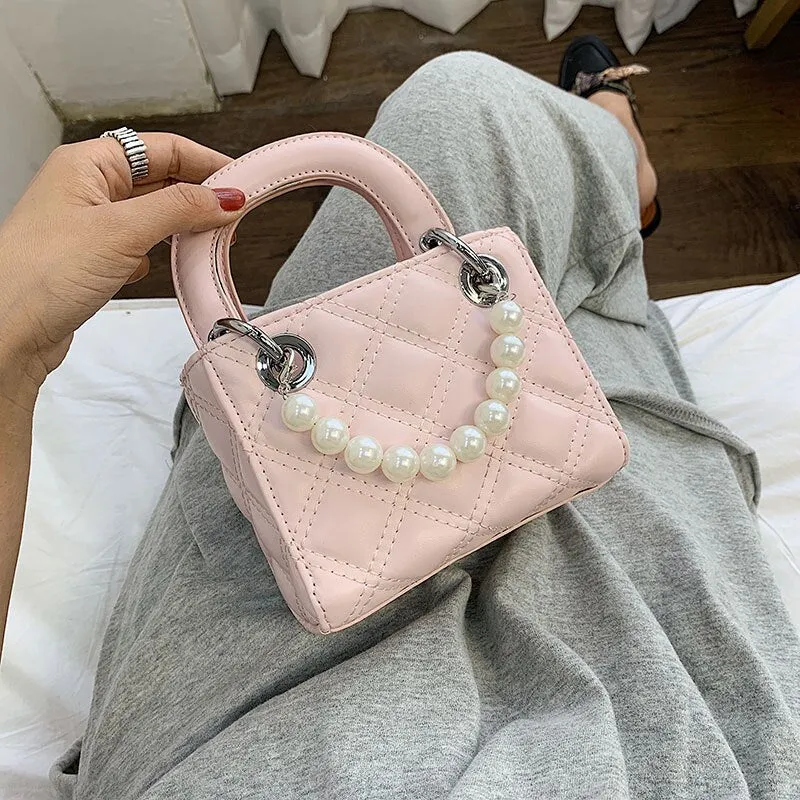 Elegant Female Pearl Small Tote bag 2020 Summer New Quality PU Leather Women's Designer Handbag Lattice Shoulder Messenger bags