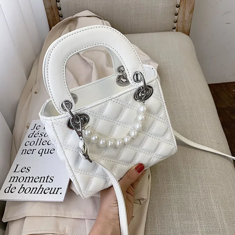 Elegant Female Pearl Small Tote bag 2020 Summer New Quality PU Leather Women's Designer Handbag Lattice Shoulder Messenger bags