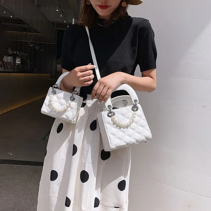 Elegant Female Pearl Small Tote bag 2020 Summer New Quality PU Leather Women's Designer Handbag Lattice Shoulder Messenger bags
