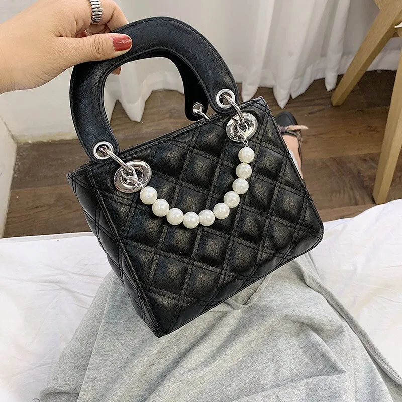 Elegant Female Pearl Small Tote bag 2020 Summer New Quality PU Leather Women's Designer Handbag Lattice Shoulder Messenger bags
