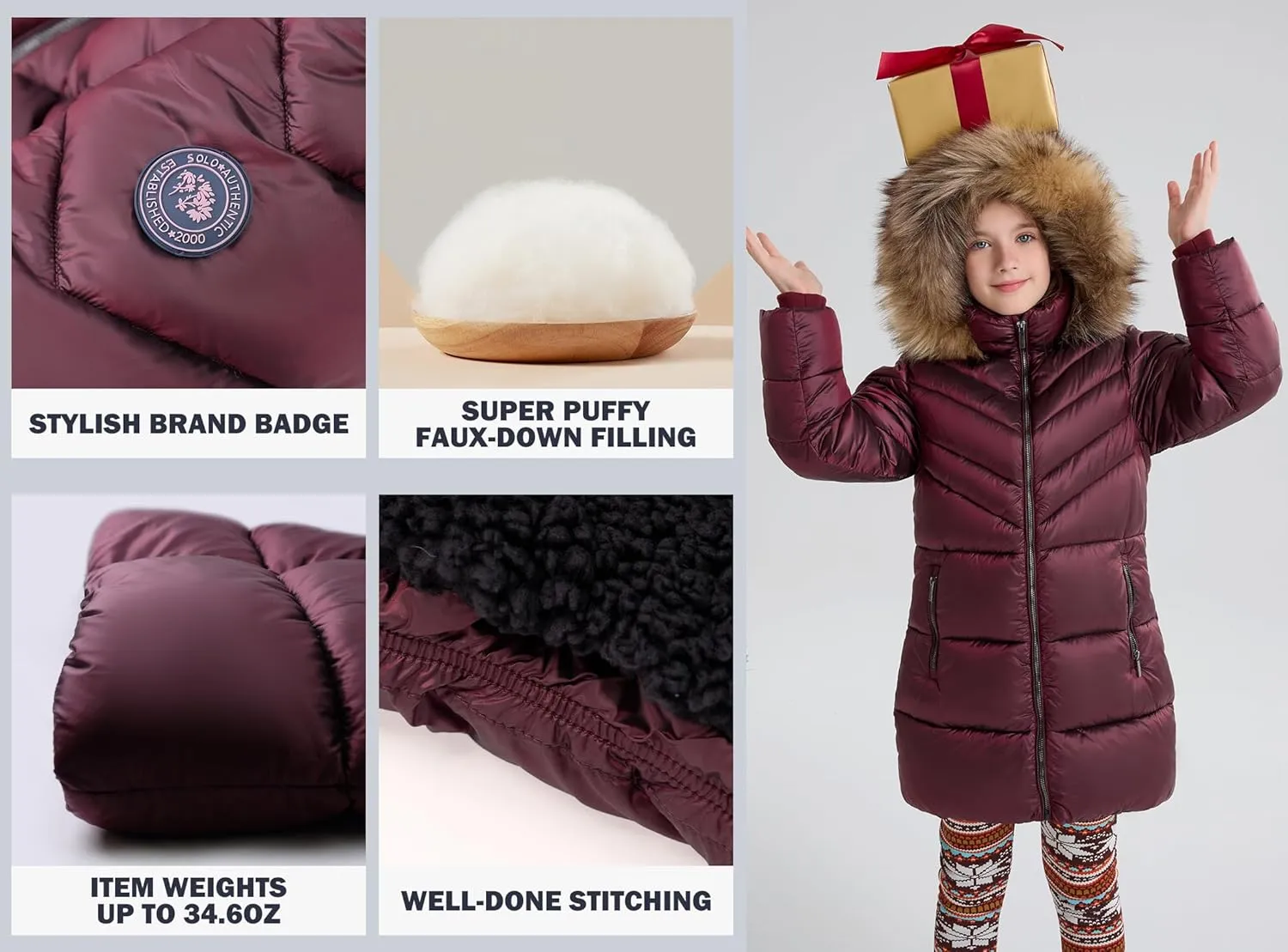 SOLOCOTE Girls Puffer Winter Coat Faux Down Fur Hood Sherpa Lined Heavyweight Water-Resistant Parka Jacket