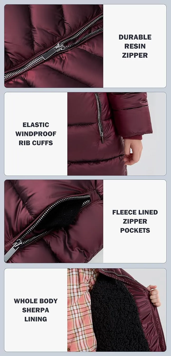 SOLOCOTE Girls Puffer Winter Coat Faux Down Fur Hood Sherpa Lined Heavyweight Water-Resistant Parka Jacket