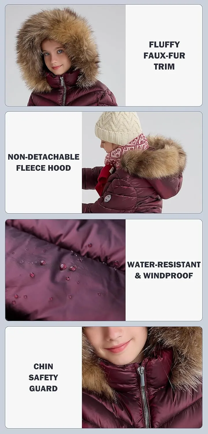 SOLOCOTE Girls Puffer Winter Coat Faux Down Fur Hood Sherpa Lined Heavyweight Water-Resistant Parka Jacket