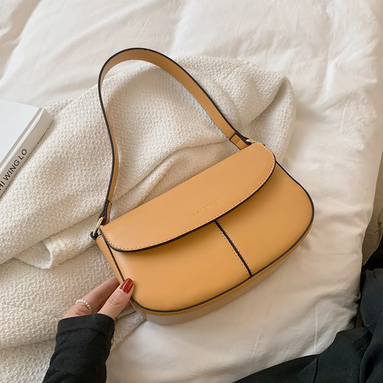 Splicing PU Leather Armpit Baguette  Bag for Women Designer Small  Shoulder Purses and Handbags 2021 Luxury Tends Designer