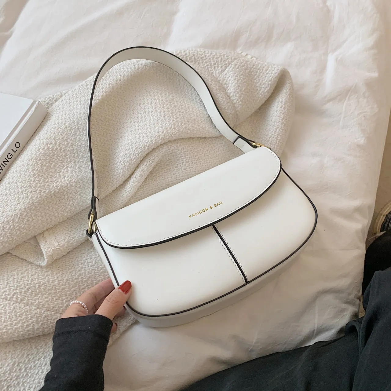 Splicing PU Leather Armpit Baguette  Bag for Women Designer Small  Shoulder Purses and Handbags 2021 Luxury Tends Designer