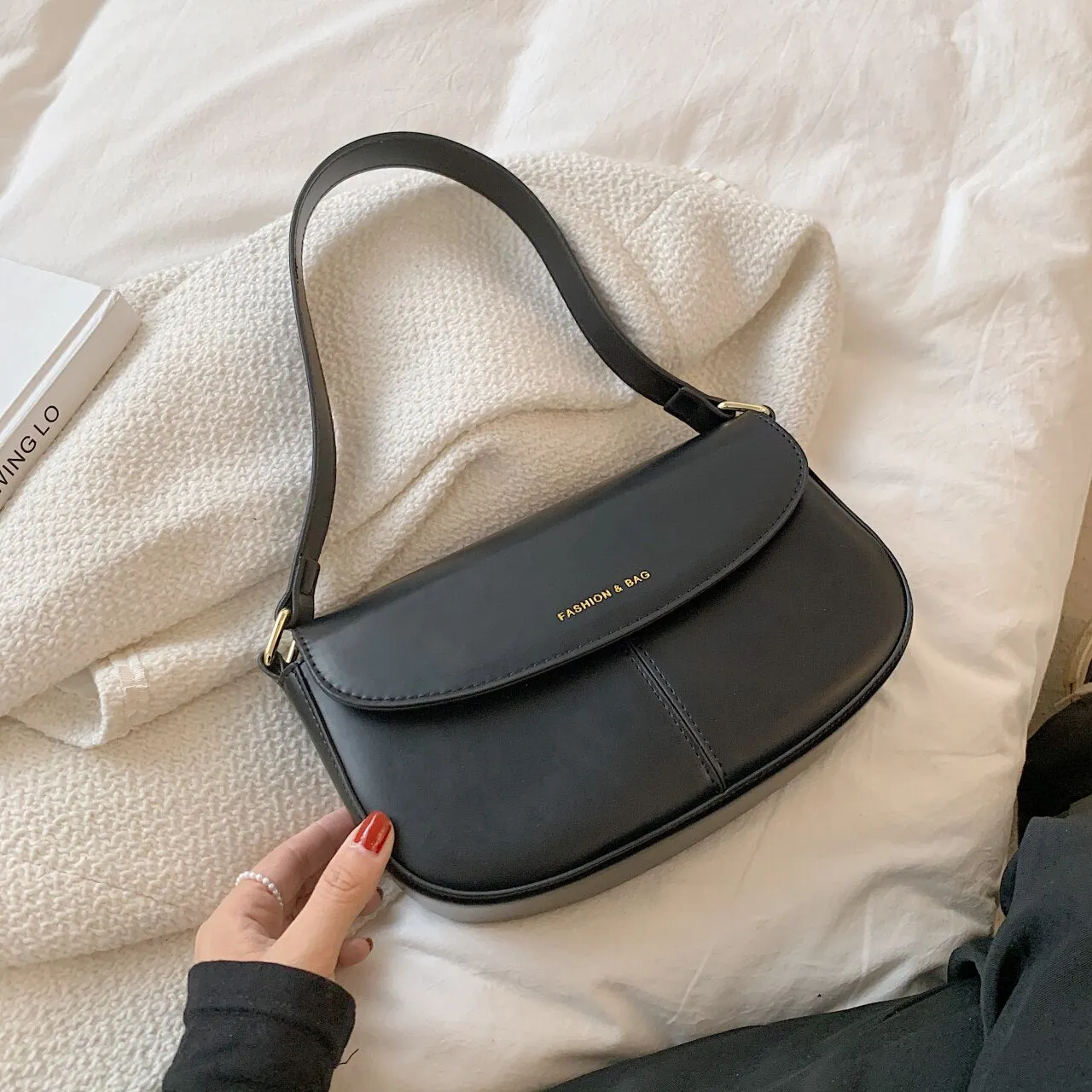 Splicing PU Leather Armpit Baguette  Bag for Women Designer Small  Shoulder Purses and Handbags 2021 Luxury Tends Designer