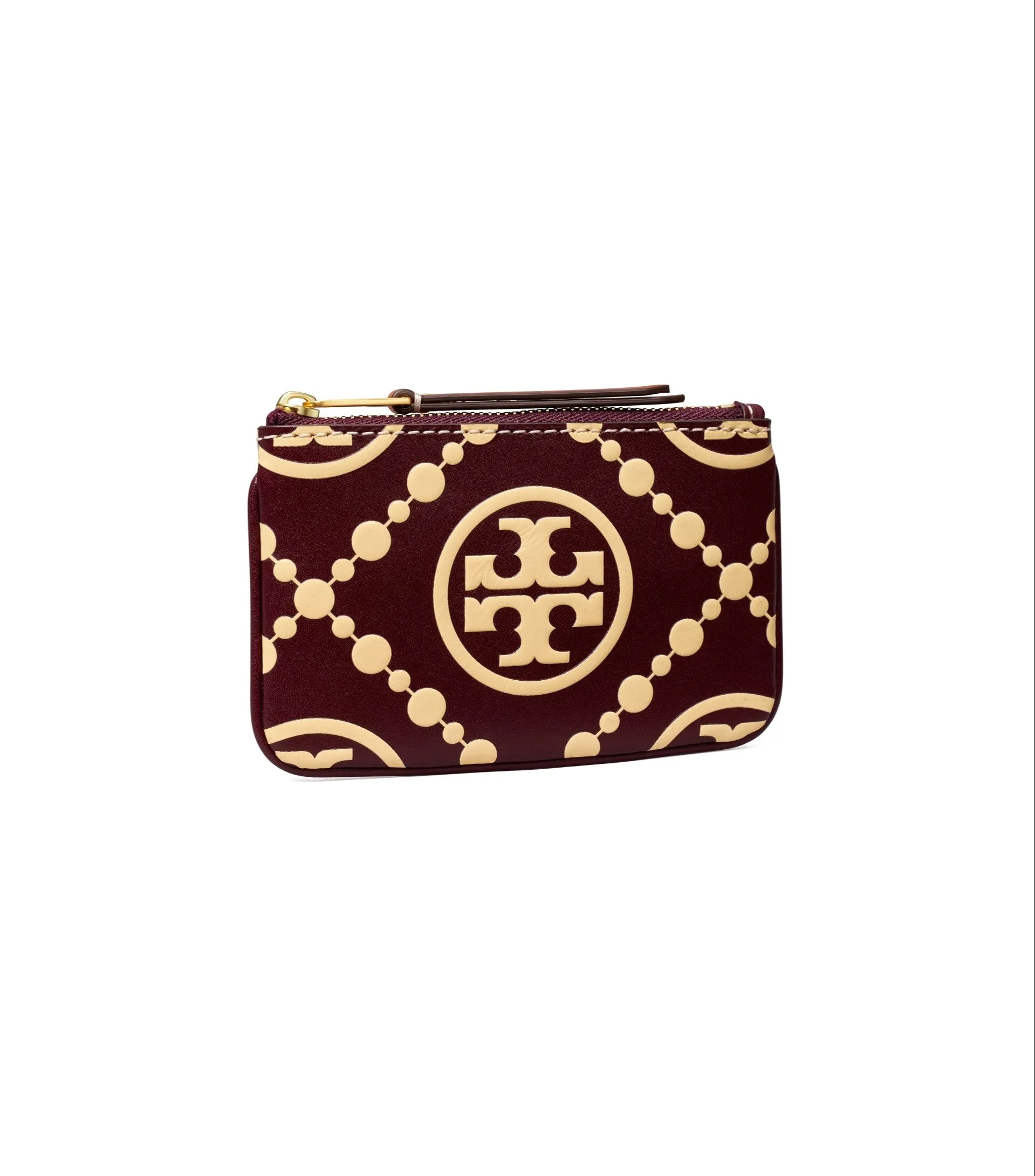 Tory Burch Cake Batter / Beetle Berry T Monogram Contrast Embossed Card Case Key Fob