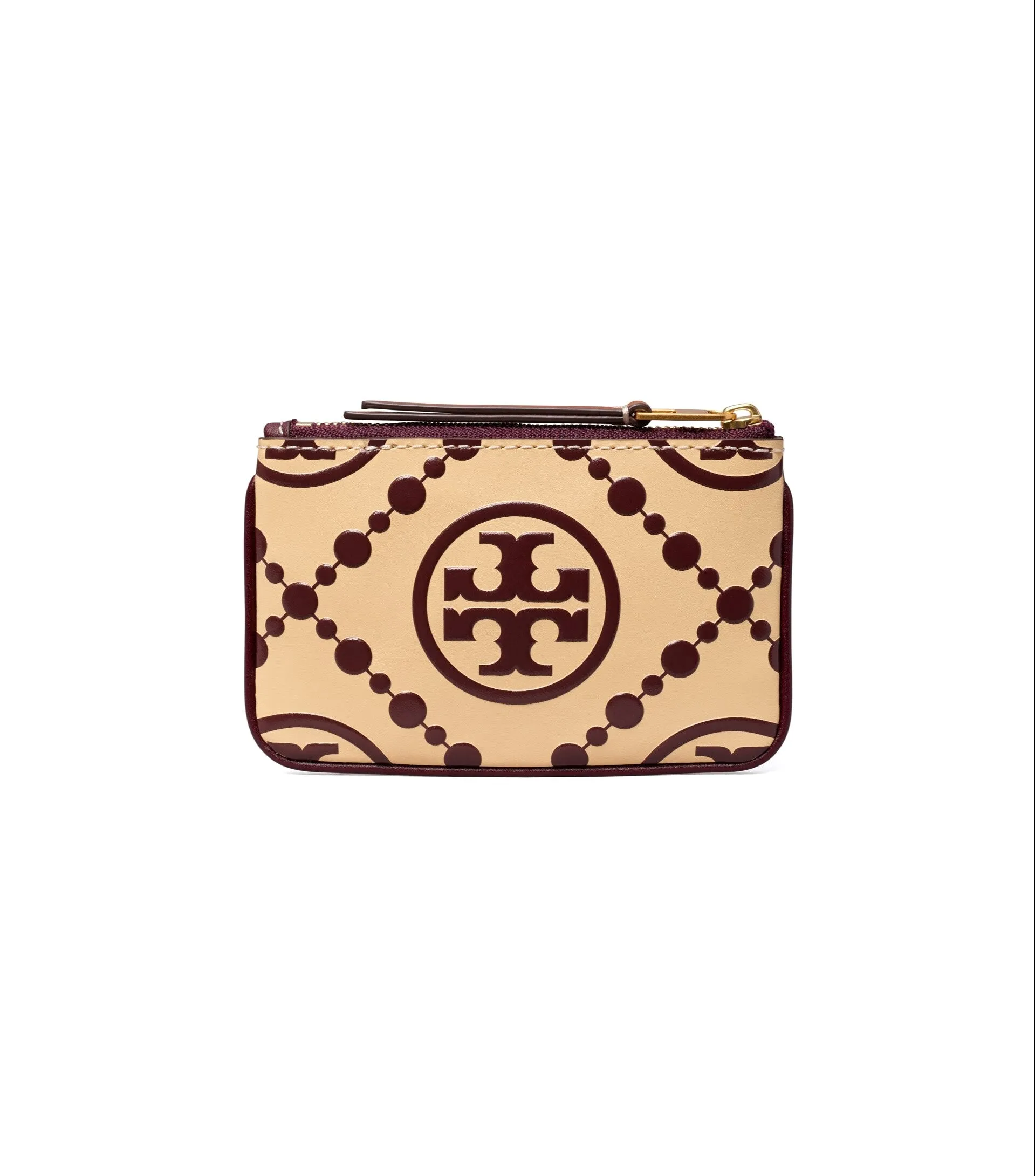 Tory Burch Cake Batter / Beetle Berry T Monogram Contrast Embossed Card Case Key Fob