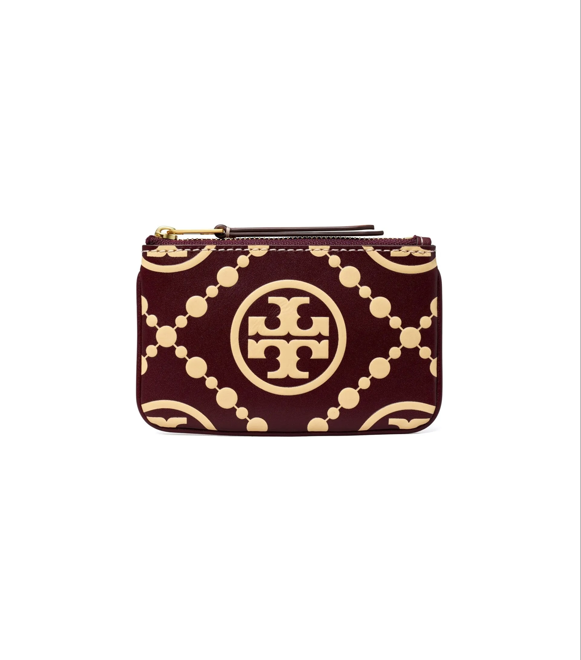 Tory Burch Cake Batter / Beetle Berry T Monogram Contrast Embossed Card Case Key Fob