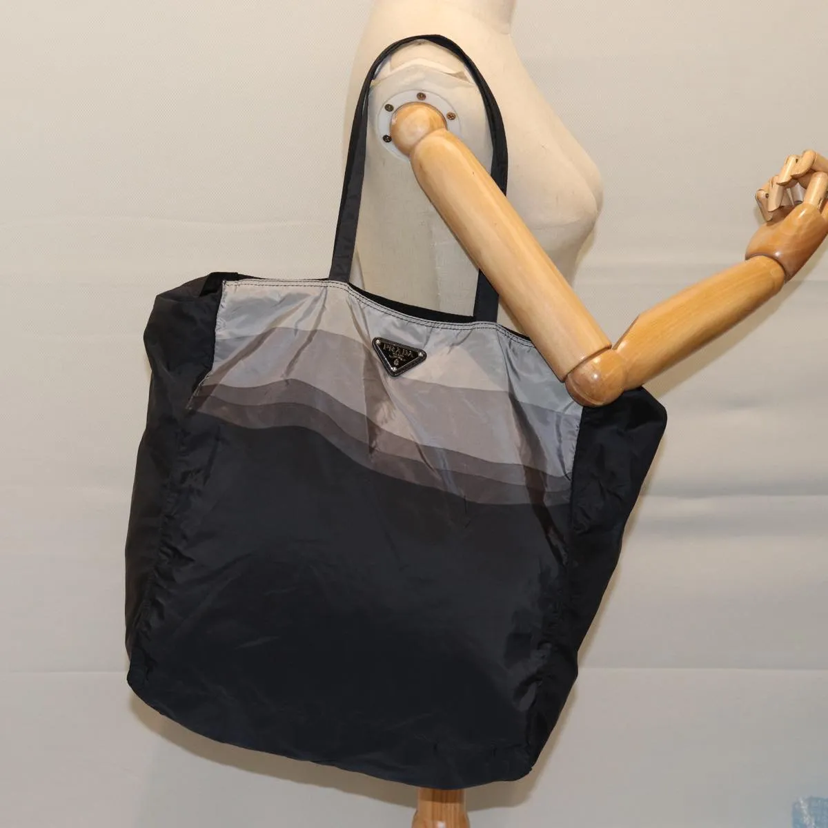 Trendy Inspired Prada Tote Bag Nylon Black Gray Auth 69946