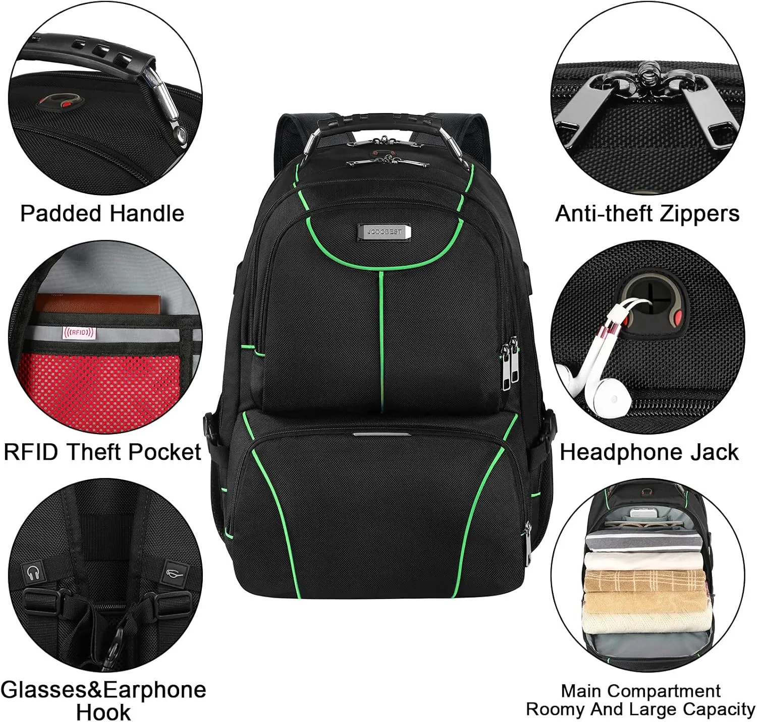 VECKUSON Laptop Backpack, 15.6 Inches, Green, Unisex, Waterproof, USB Charging Port, Insulated, TSA Approved, Anti-Theft, Durable Polyester Nylon Fabric